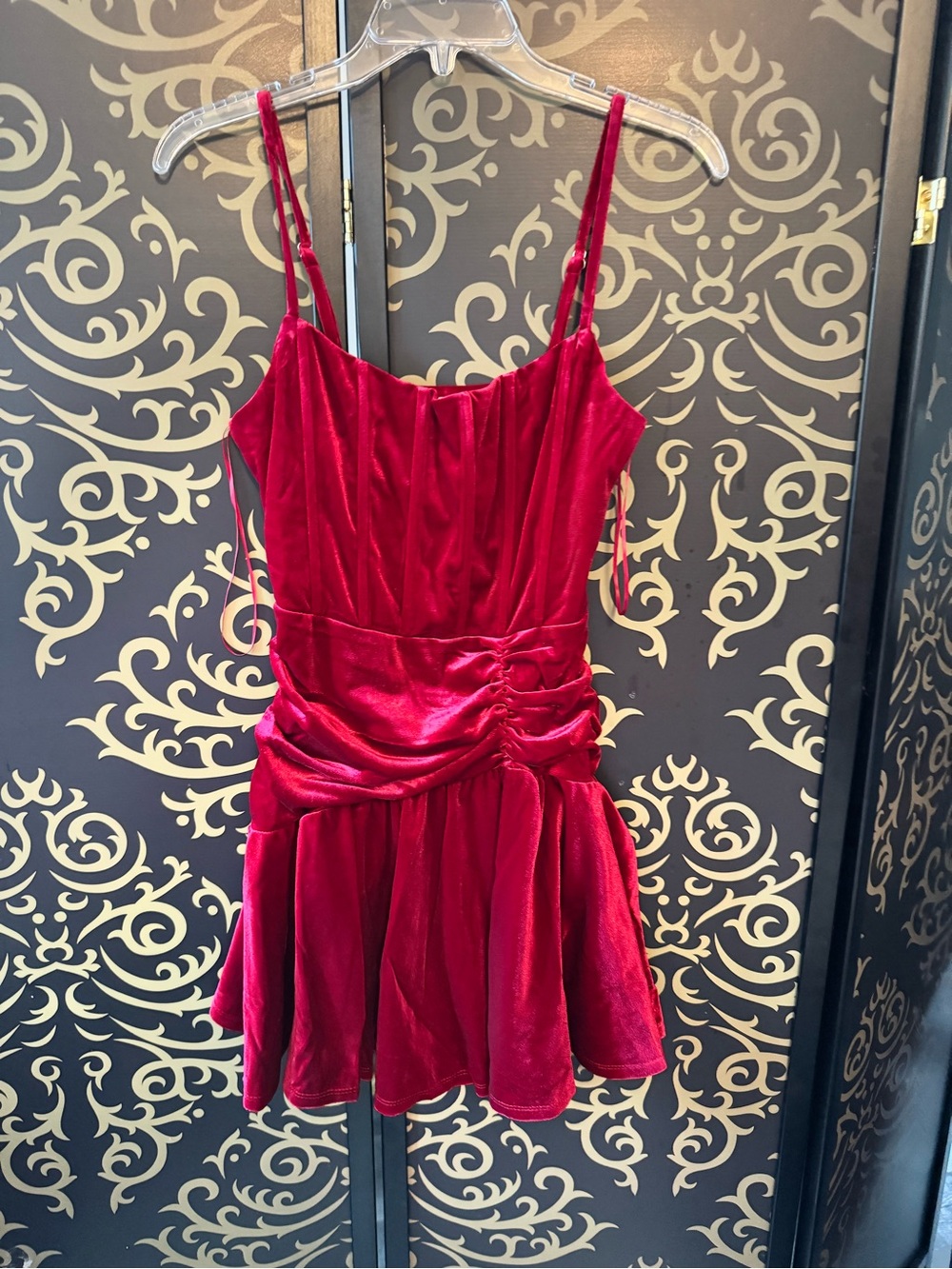 iris Burgundy Velvet Mini Dress with Ruched Waist